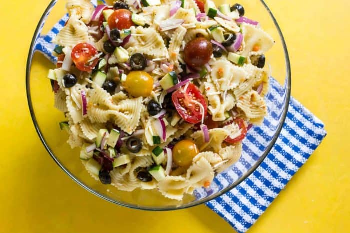 california pasta salad, zucchini, tomatoes, Italian dressing