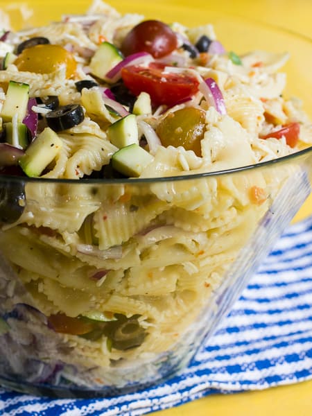 california pasta salad, zucchini, tomatoes, Italian dressing