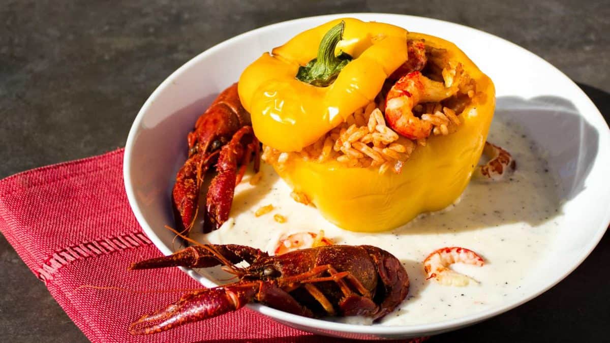 Crawfish Jambalaya Stuffed Sweet Peppers with Country Gravy