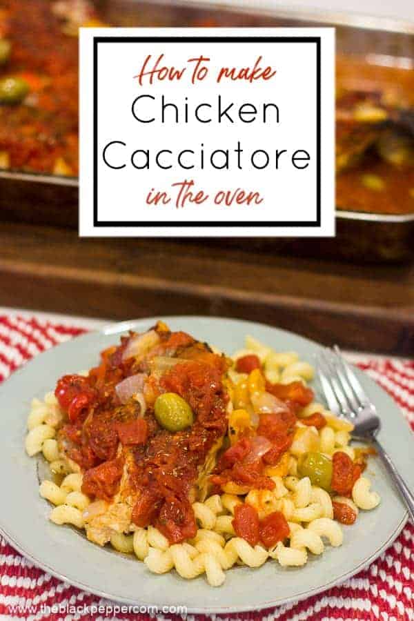 How to make authentic Italian style chicken cacciatore baked in the oven. Made with bone-in, skin-on chicken breast, diced tomatoes, onion, sweet peppers and white wine. Serve on pasta or mashed potatoes.