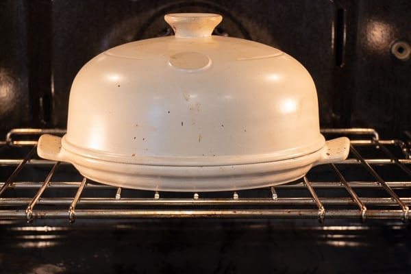 Simple to make rustic artisan bread recipe that can be baked in a clay bread cloche, dutch oven, or baking sheet.