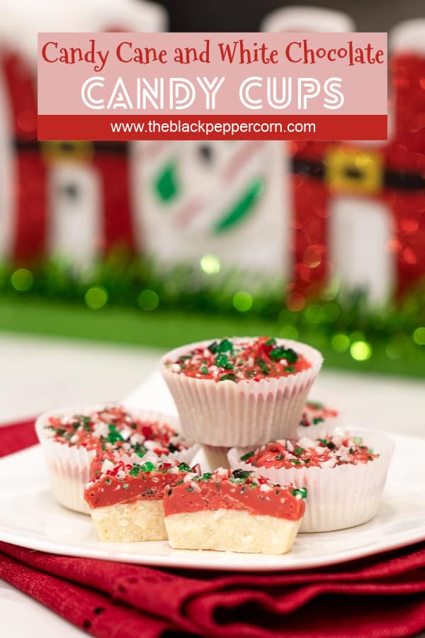 A sweet mini candy cup made with melted white chocolate, crumbled shortbread, crushed candy canes and red candy melts. The perfect sweet treat for Christmas holidays.