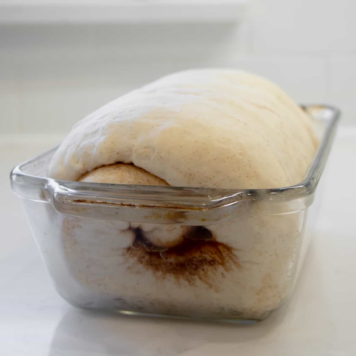 Dough in a loaf pan after it has finished rising.