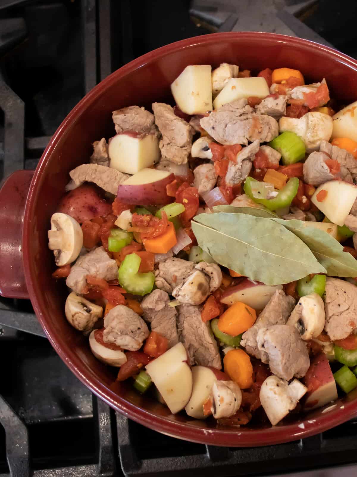 Overhead picture of a pot filled with uncooked stew.