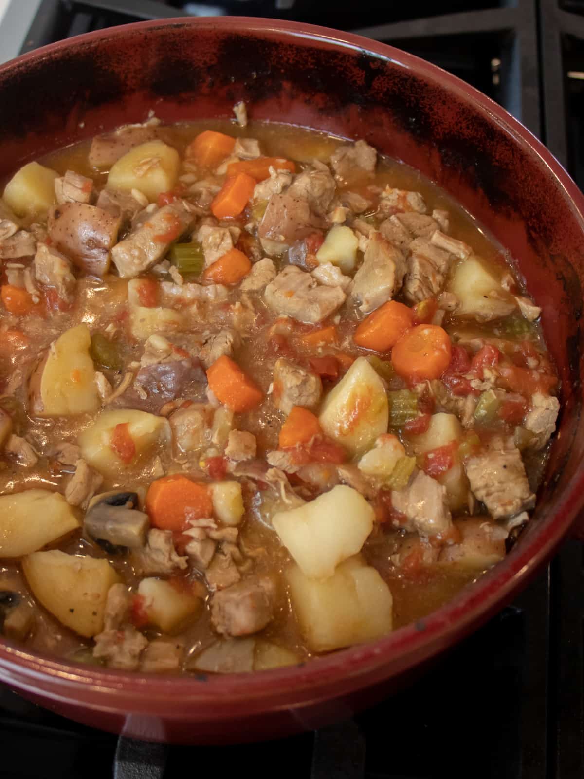 Pork stew in a dutch oven.