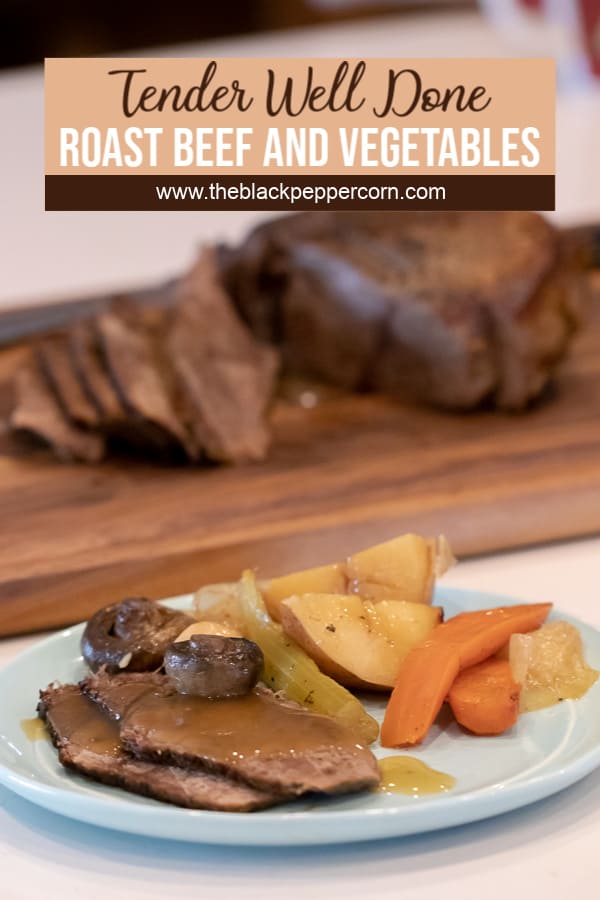 Easy recipe and instructions for how to cook a sirloin tip roast in the oven so that it is well done but also tender, juicy and delicious. Vegetables include carrots, potatoes, onions, mushrooms, celery and garlic.