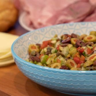 Olive salad spread recipe for muffuletta sandwich made with green and kalamata olives as well as roasted red peppers, capers, celery and green onions.