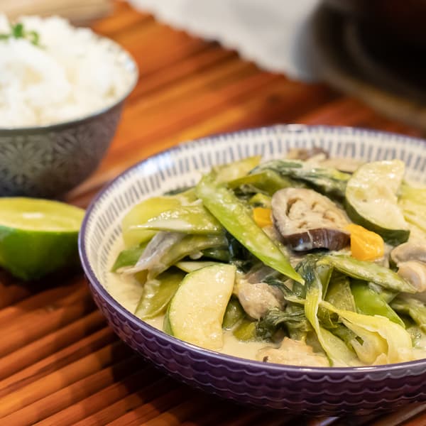 Easy Thai Vegetable Curry with green curry paste and coconut milk. Made with Asian eggplant, baby bok choy, snow peas, mushrooms, zucchini, pepper and more! Serve on jasmine rice. 