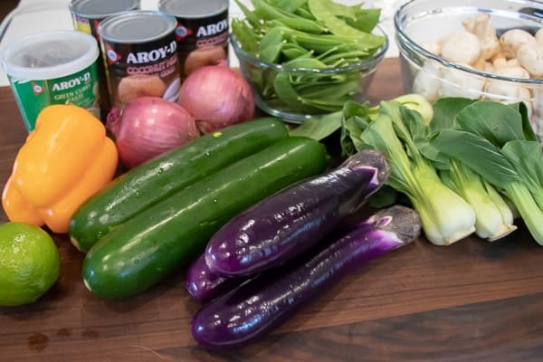 Easy Thai Vegetable Curry with green curry paste and coconut milk. Made with Asian eggplant, baby bok choy, snow peas, mushrooms, zucchini, pepper and more! Serve on jasmine rice. 