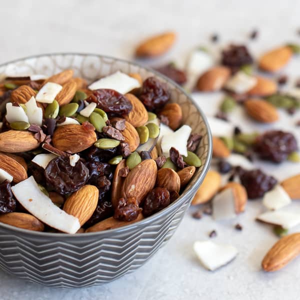 Healthy trail mix with hearty combination almonds, dried cherries, pepitas, coconut strips and cacao nibs. This mix has no sugar but there is a chocolate flavour from the nibs.