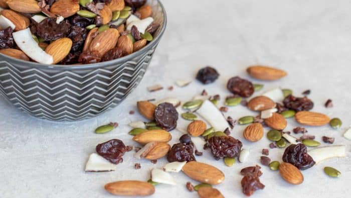 Healthy trail mix with hearty combination almonds, dried cherries, pepitas, coconut strips and cacao nibs. This mix has no sugar but there is a chocolate flavour from the nibs.