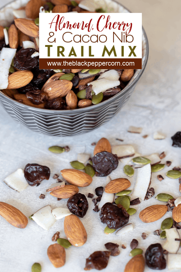 Healthy trail mix with hearty combination almonds, dried cherries, pepitas, coconut strips and cacao nibs. This mix has no sugar but there is a chocolate flavour from the nibs.