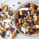 Healthy trail mix with hearty combination almonds, dried cherries, pepitas, coconut strips and cacao nibs. This mix has no sugar but there is a chocolate flavour from the nibs.