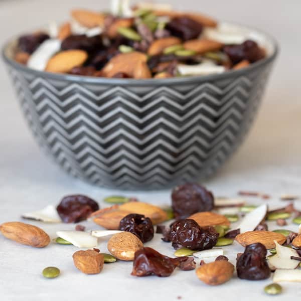 Healthy trail mix with hearty combination almonds, dried cherries, pepitas, coconut strips and cacao nibs. This mix has no sugar but there is a chocolate flavour from the nibs.