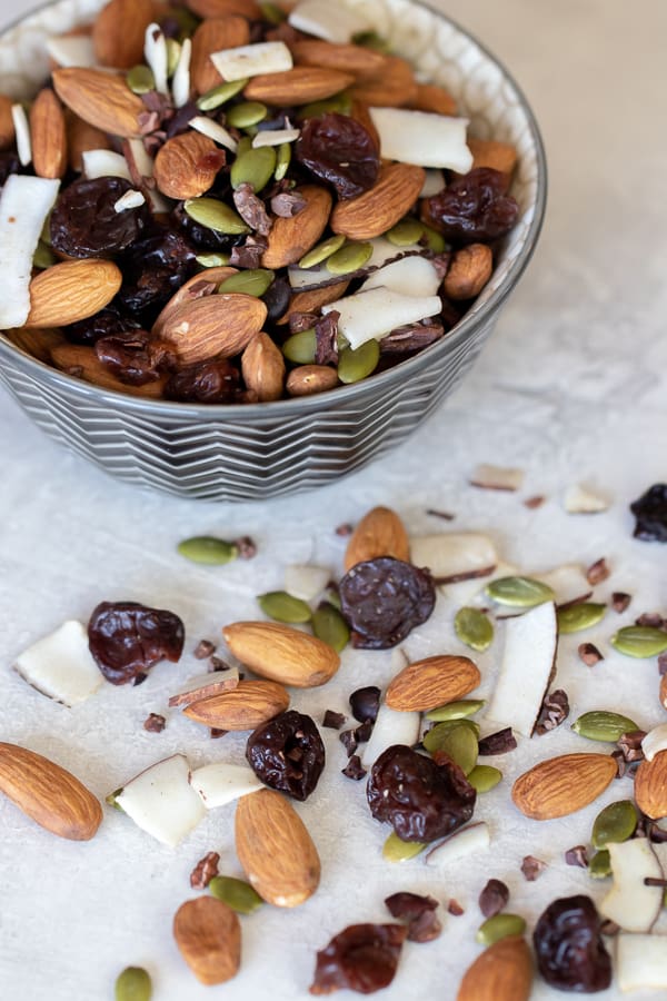 Healthy trail mix with hearty combination almonds, dried cherries, pepitas, coconut strips and cacao nibs. This mix has no sugar but there is a chocolate flavour from the nibs.