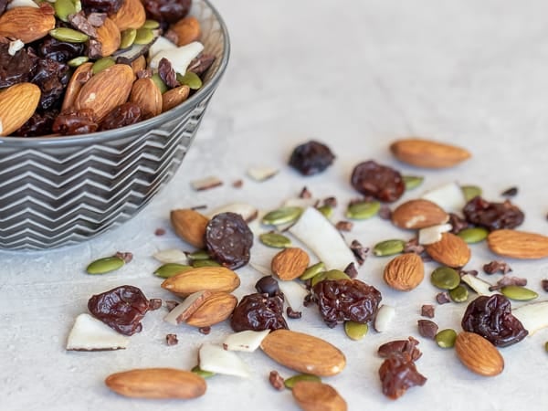 Healthy trail mix with hearty combination almonds, dried cherries, pepitas, coconut strips and cacao nibs. This mix has no sugar but there is a chocolate flavour from the nibs.