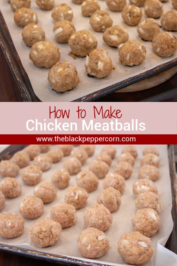 How to bake chicken meatballs in the oven with this simple recipe. Ingredients include ground chicken, bread crumbs, milk, eggs, onions, herbs and garlic. 