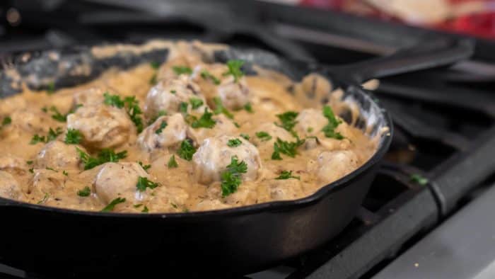 Make classic Swedish meatballs with cream of mushroom soup, milk and sour cream. Great with beef, chicken, turkey or pork meatballs in this creamy sauce gravy.