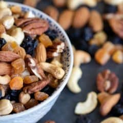 Healthy trail mix of dried fruit and nuts. Pecans, almonds and cashews combine with the dried blueberries and apricots to make a trail mix perfect for snacking!