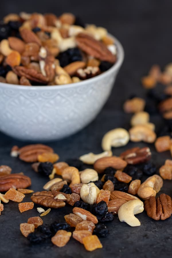 Healthy trail mix of dried fruit and nuts. Pecans, almonds and cashews combine with the dried blueberries and apricots to make a trail mix perfect for snacking!
