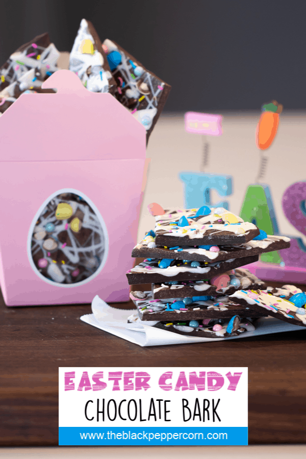 Chocolate bark with a holiday Easter theme. Sweet dessert treat made with dark chocolate melts, white chocolate, malt Easter eggs and sprinkles.