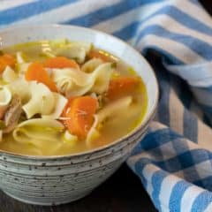 The best chicken noodle soup recipe that is quick and easy. Broth made with roasted or rotisserie chicken carcass. Soup has egg noodles, carrot, celery & onion.