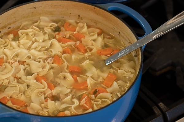 The best chicken noodle soup recipe that is quick and easy. Broth made with roasted or rotisserie chicken carcass. Soup has egg noodles, carrot, celery & onion.