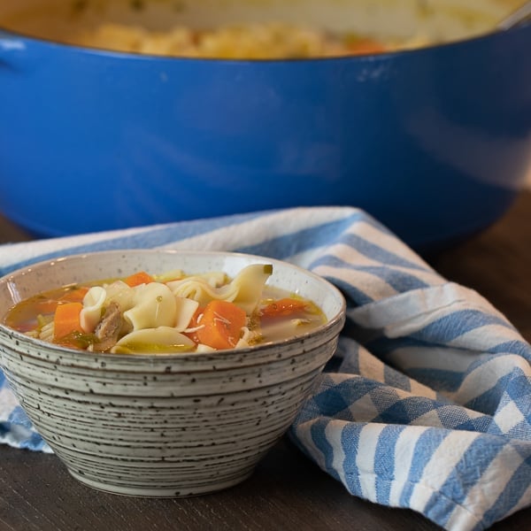 The best chicken noodle soup recipe that is quick and easy. Broth made with roasted or rotisserie chicken carcass. Soup has egg noodles, carrot, celery & onion.