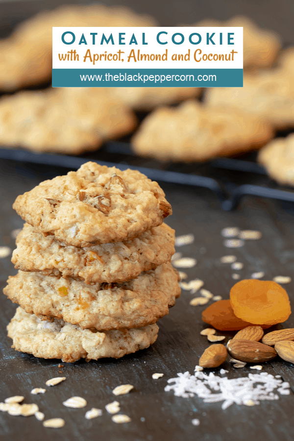 Chewy oatmeal cookie recipe with diced dried apricot, toasted almonds and coconut. Fruity tropical cookie that is a nice change from raisin or chocolate chips.