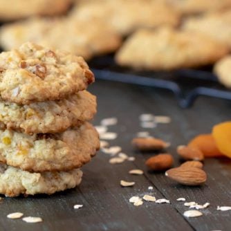 Chewy oatmeal cookie recipe with diced dried apricot, toasted almonds and coconut. Fruity tropical cookie that is a nice change from raisin or chocolate chips.