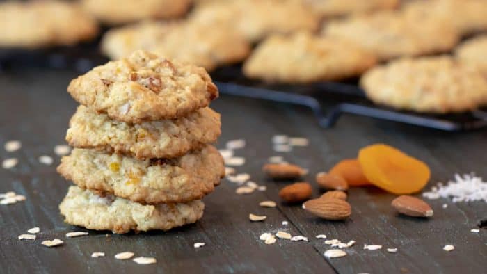 Chewy oatmeal cookie recipe with diced dried apricot, toasted almonds and coconut. Fruity tropical cookie that is a nice change from raisin or chocolate chips.