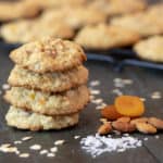 Chewy oatmeal cookie recipe with diced dried apricot, toasted almonds and coconut. Fruity tropical cookie that is a nice change from raisin or chocolate chips.