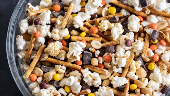 Overhead picture of a bowl of snacks.