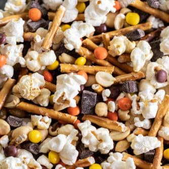 Make a snack mix at home with mini Reese's Pieces, chunks of dark chocolate, peanuts, pretzel sticks and sweet and salty popcorn. Great for movie night, road trips or an after school snack!