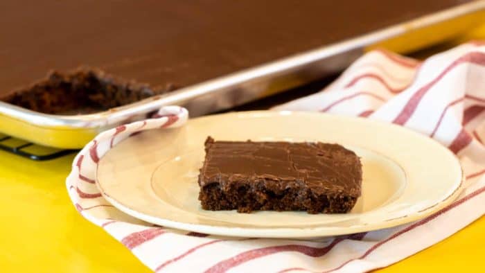 Easy Texas sheet cake recipe made in a 18x13 half sheet pan. Thin layer chocolate cake with fudge like icing. Moist cake made with butter, cocoa, sour cream.