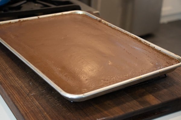 Easy Texas sheet cake recipe made in a 18x13 half sheet pan. Thin layer chocolate cake with fudge like icing. Moist cake made with butter, cocoa, sour cream.