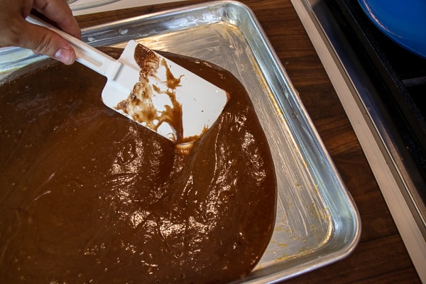 Easy Texas sheet cake recipe made in a 18x13 half sheet pan. Thin layer chocolate cake with fudge like icing. Moist cake made with butter, cocoa, sour cream.