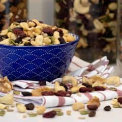 Make your own trail mix at home with a healthy mixture of ingredients. Dried cranberries, raisins, walnuts, cashews, peanuts, pepitas (pumpkin seeds) and sunflower seeds.