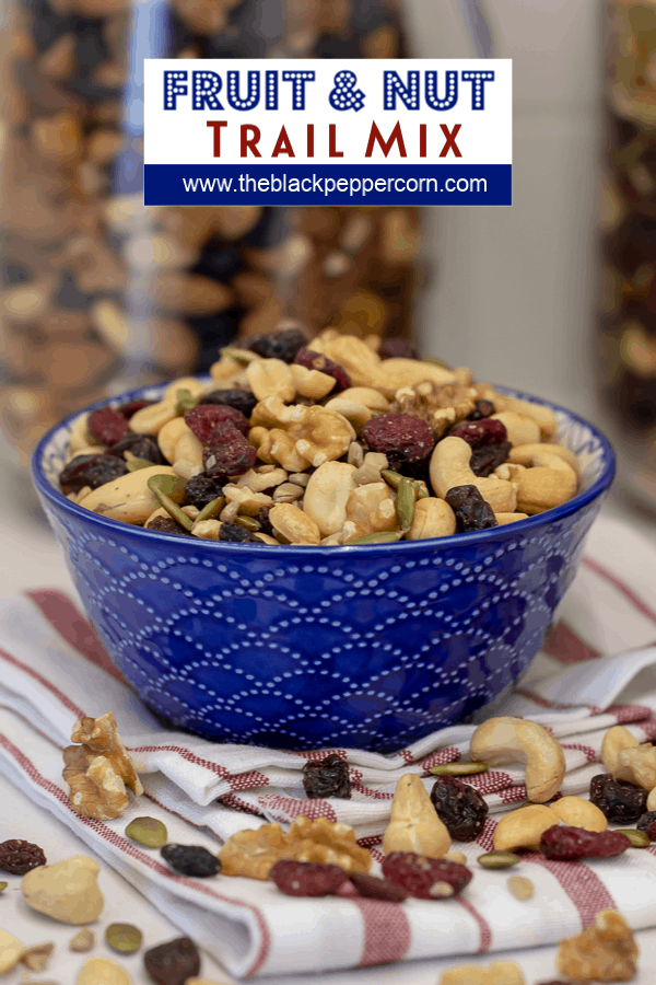 Make your own trail mix at home with a healthy mixture of ingredients. Dried cranberries, raisins, walnuts, cashews, peanuts, pepitas (pumpkin seeds) and sunflower seeds.