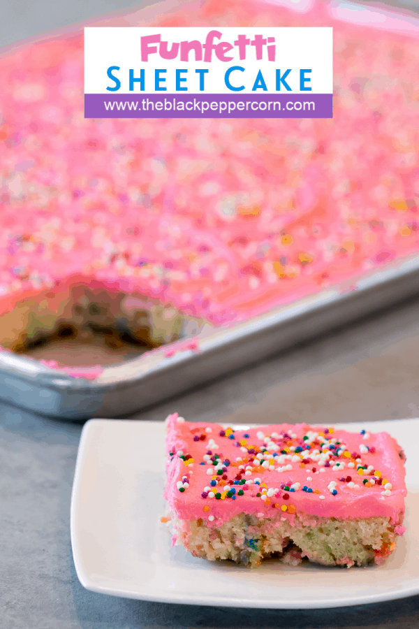 Easy recipe for white sheet cake with birthday sprinkles made in a 18x13 half sheet pan. Thin layer cake with pink buttercream frosting for icing. Moist cake made with butter, sour cream, and sprinkles.