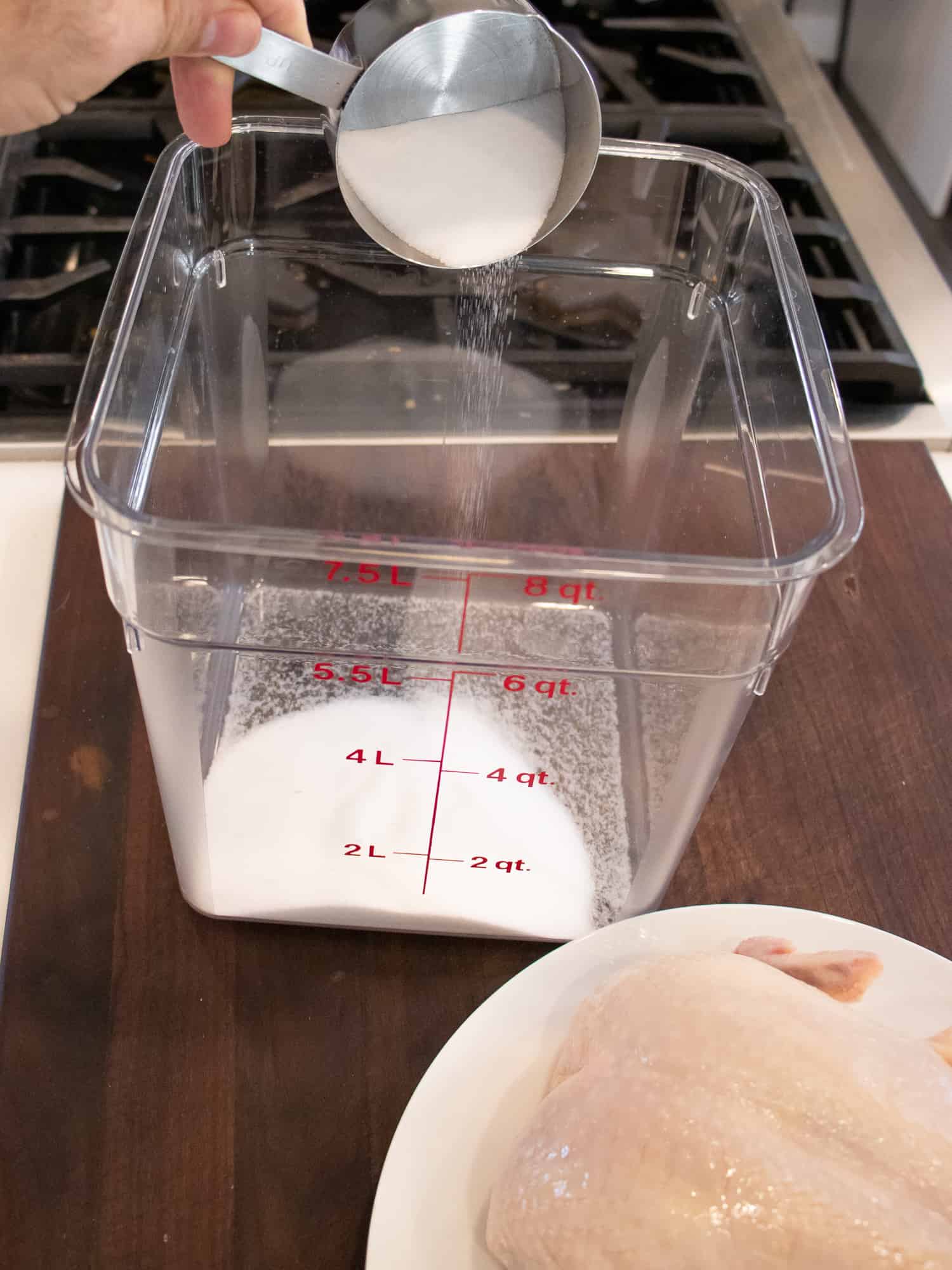 Easy instructions to make a simple brine for a whole chicken including how long to brine and what ingredients to use like salt, sugar, pepper and more.