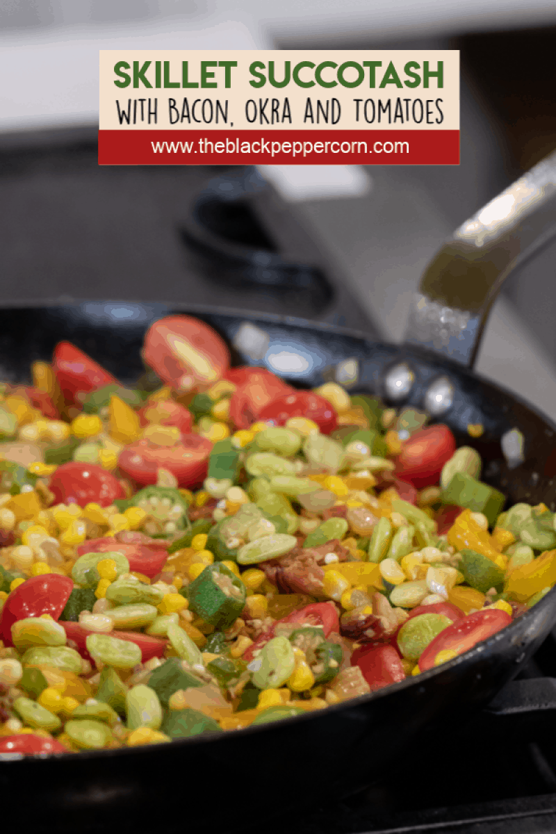 Easy skillet recipe for how to make succotash with lima beans, bacon, corn, okra, grape tomatoes. Classic southern side dish comfort food.