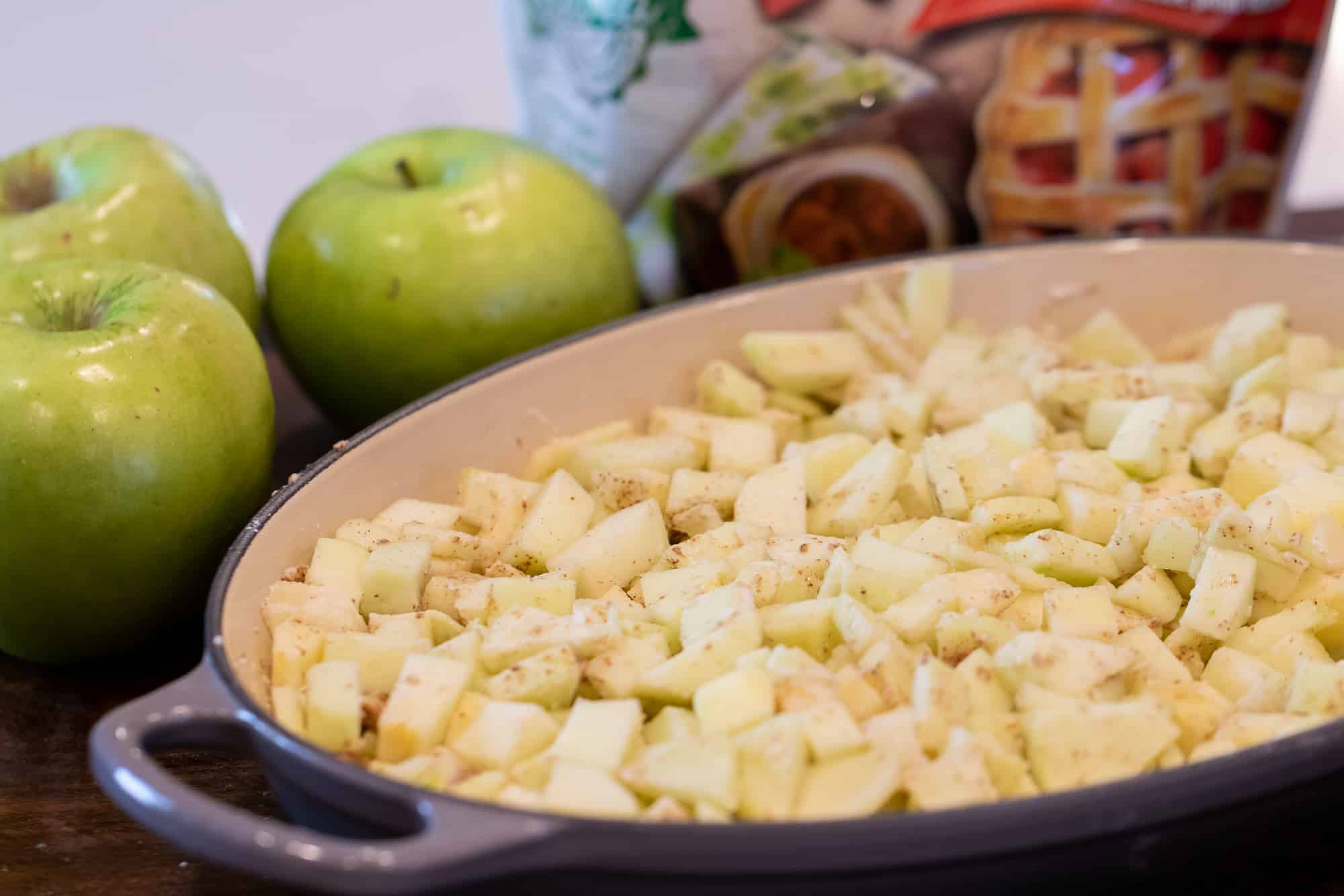 Evenly spread the apples across the bottom of the dish