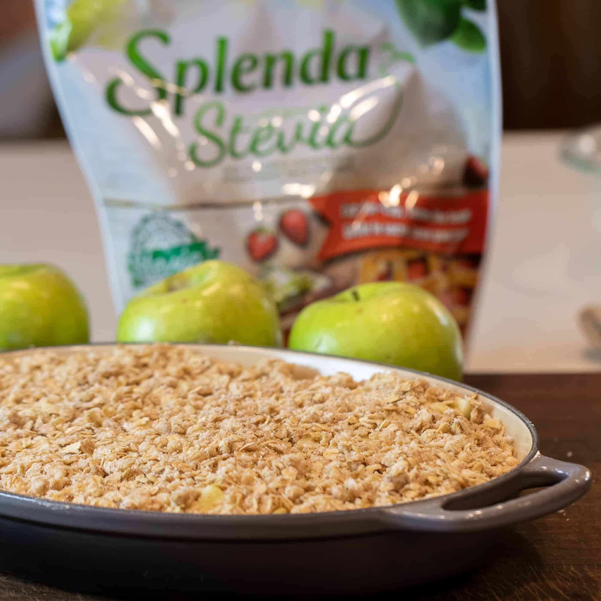 The apple crumble is ready to go in the oven to be baked.