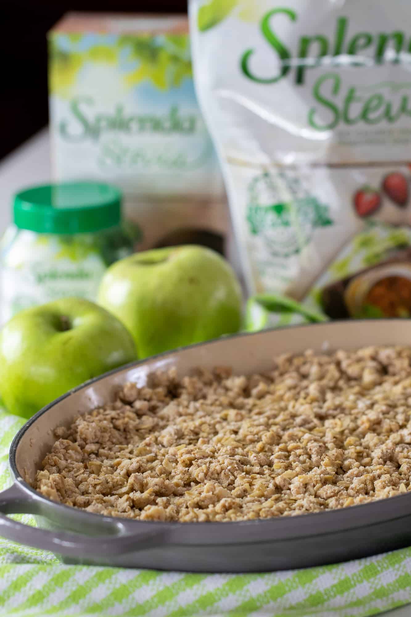 The apple crumble is ready to go in the oven to be baked.