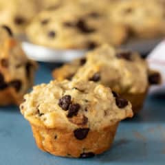 These chocolate chip muffins are a great way to use leftover oatmeal. This very simple recipe yields twelve fresh baked muffins.