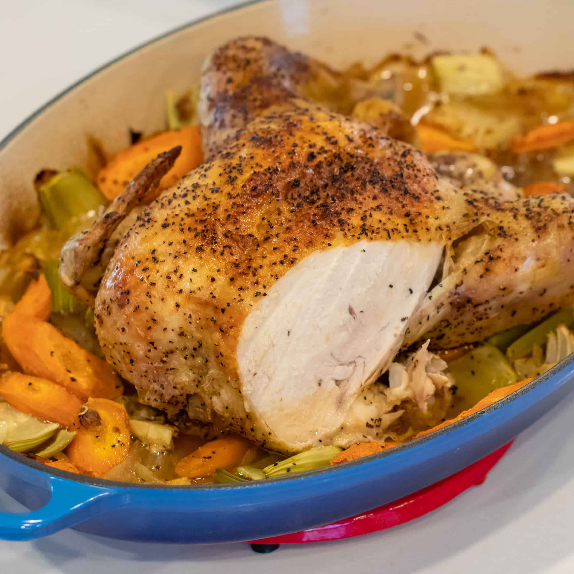 Carve the chicken after it rests for 10 minutes.