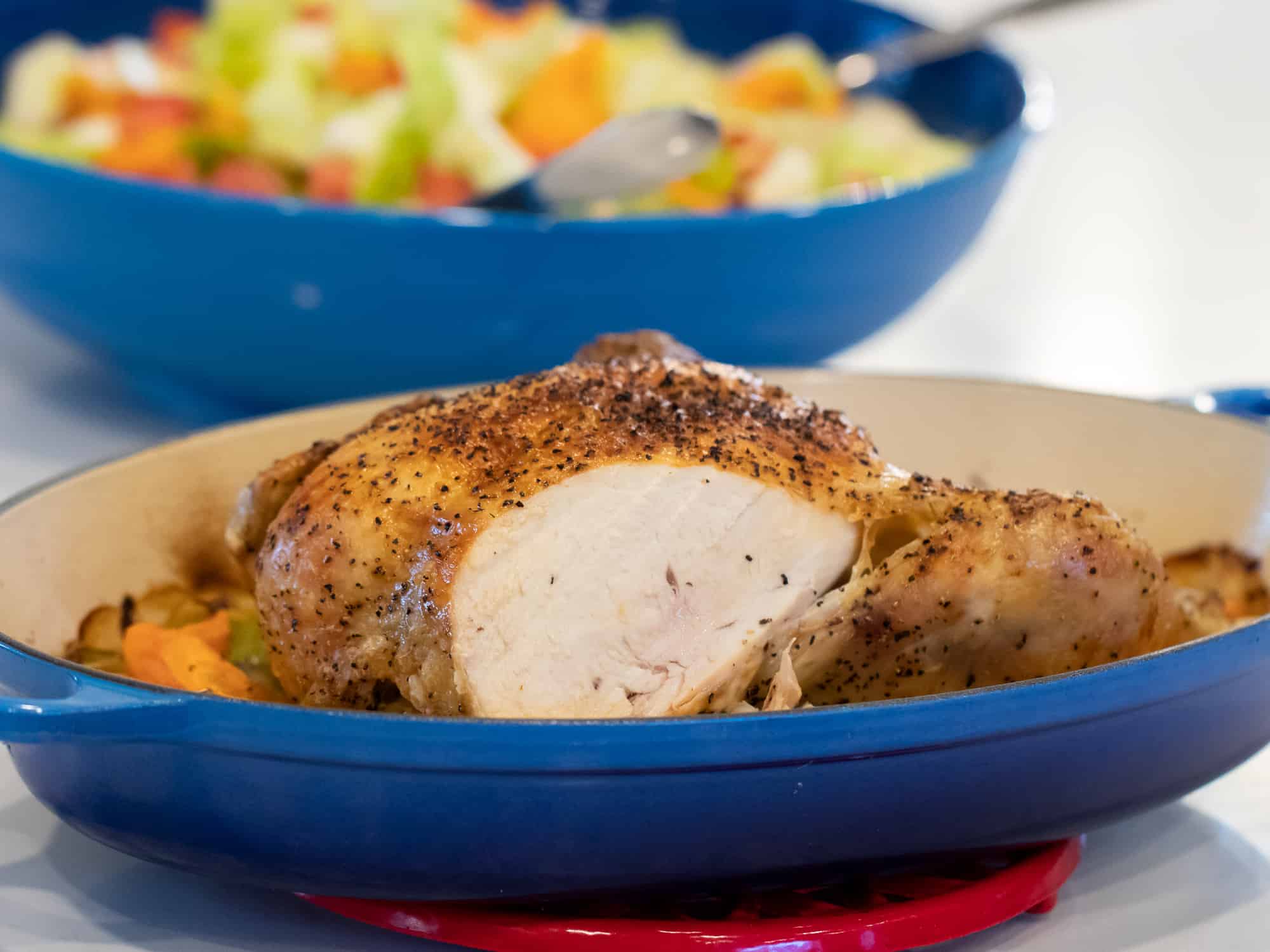 Carve the chicken after it rests for 10 minutes.