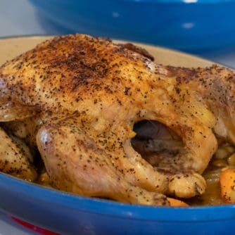Simple recipe and instructions for how to roast a whole chicken. Tender and juicy chicken that is baked in the oven.
