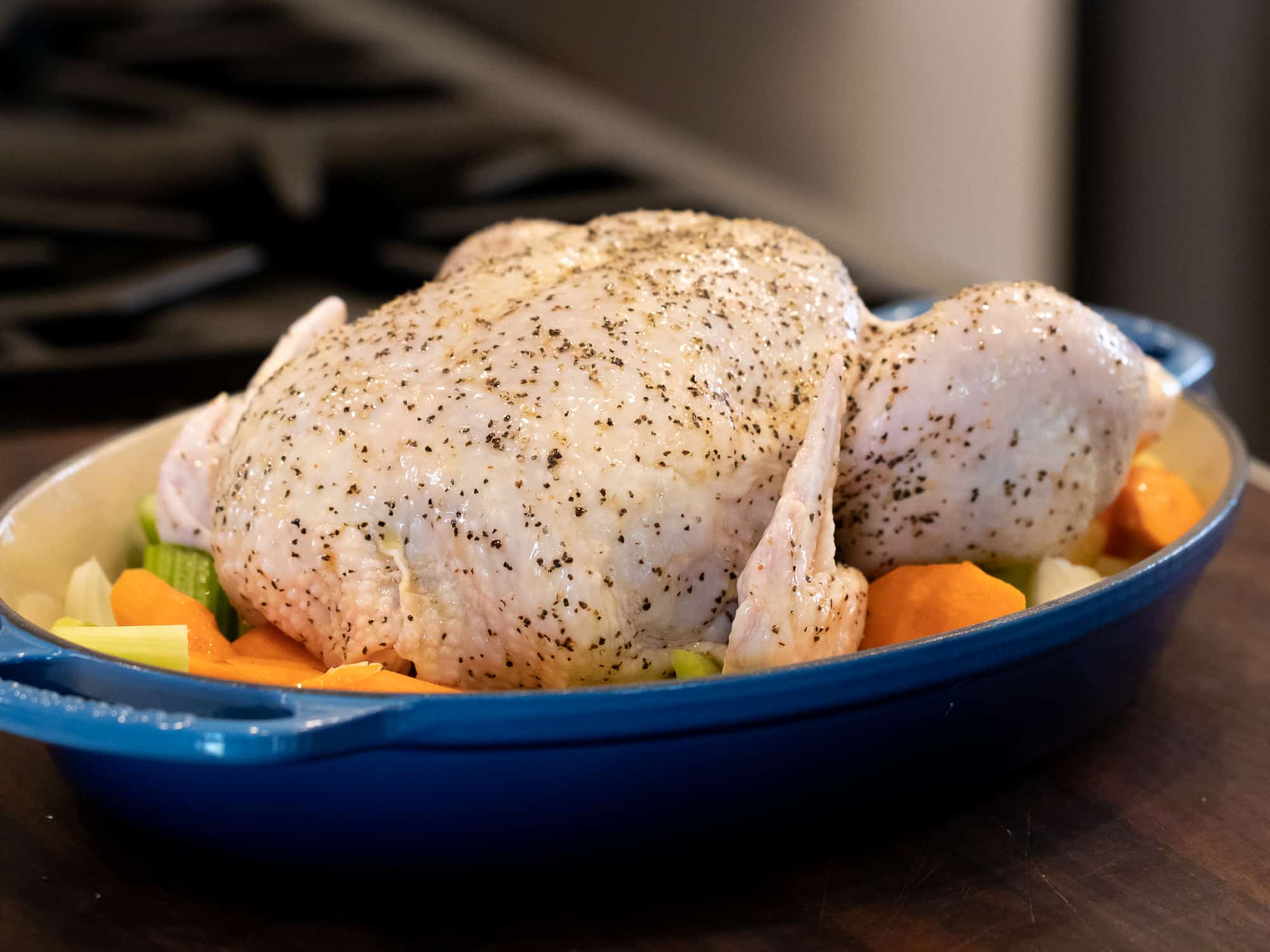 Brush the chicken with oil and season with salt and pepper